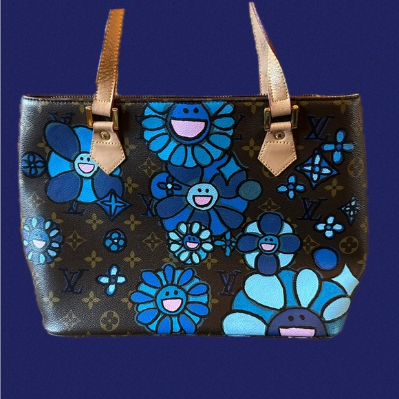 Louis Vuitton Blue Floral Tote Bag  Upcycled and Hand Painted - Picture 2 of 16